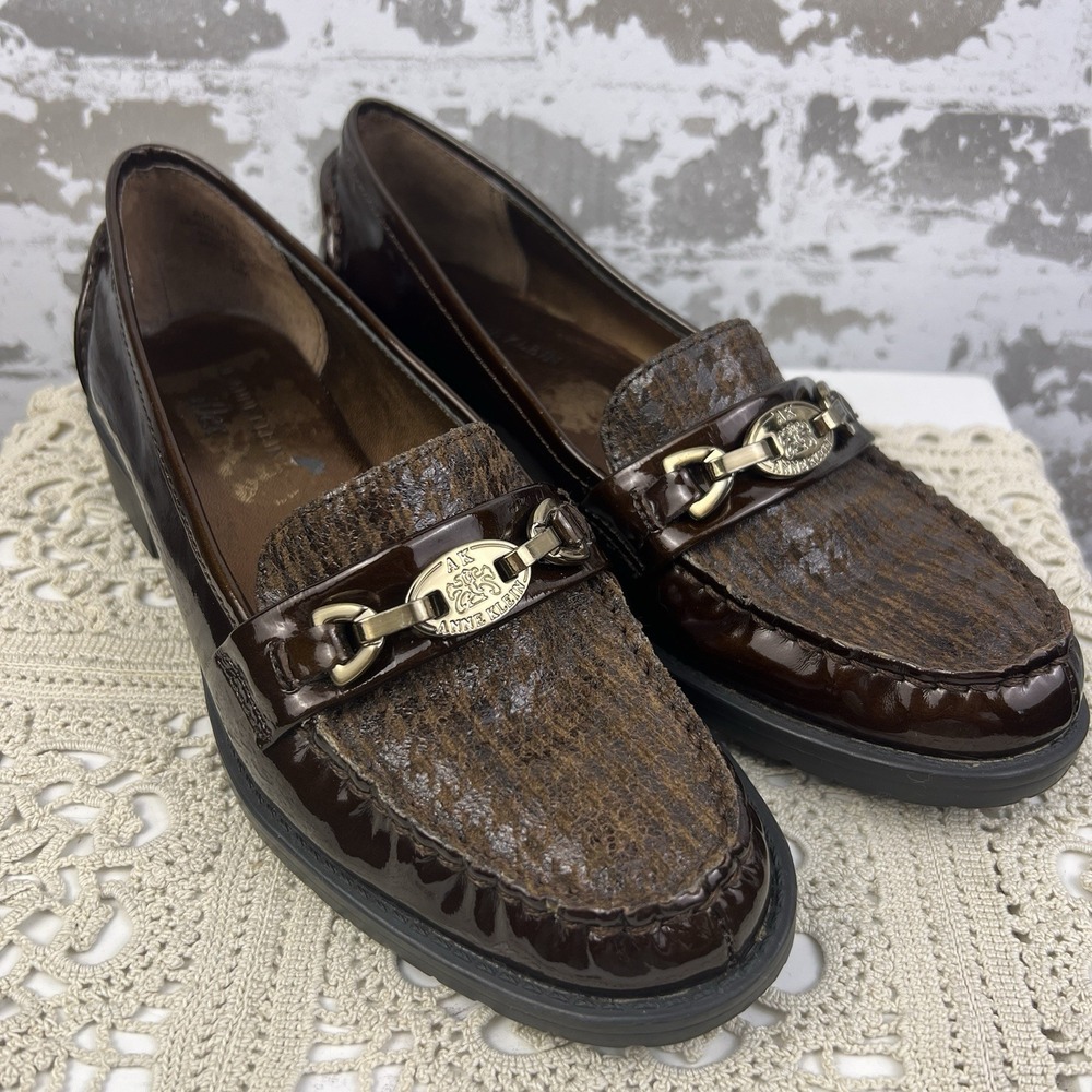 Anne Klein Patent Houndstooth Leather Horsebit Loafers Womens 6M Bronze Brown